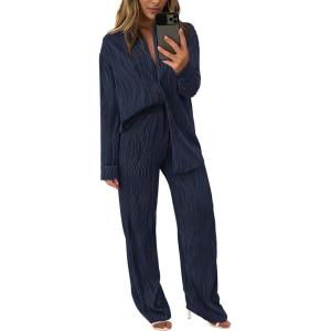 imagePRETTYGARDEN Womens 2 Piece Sets 2026 Fall Casual Textured Button Down Shirt Wide Leg Pants Outfits Loungewear TracksuitDark Blue