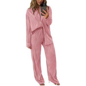 imagePRETTYGARDEN Womens 2 Piece Sets 2026 Fall Casual Textured Button Down Shirt Wide Leg Pants Outfits Loungewear TracksuitDusty Pink