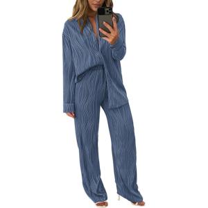 imagePRETTYGARDEN Womens 2 Piece Sets 2026 Fall Casual Textured Button Down Shirt Wide Leg Pants Outfits Loungewear TracksuitGrey Blue