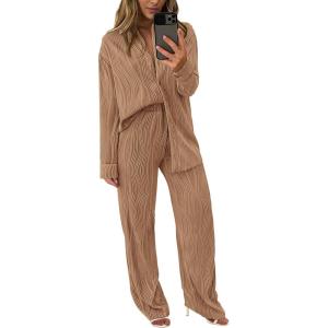 imagePRETTYGARDEN Womens 2 Piece Sets 2026 Fall Casual Textured Button Down Shirt Wide Leg Pants Outfits Loungewear TracksuitKhaki