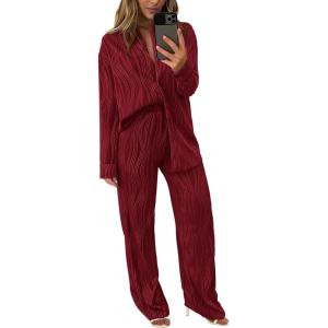 imagePRETTYGARDEN Womens 2 Piece Sets 2026 Fall Casual Textured Button Down Shirt Wide Leg Pants Outfits Loungewear TracksuitWine Red