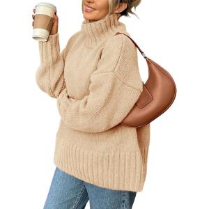 imagePRETTYGARDEN Womens 2025 Fall Oversized Sweaters Turtleneck Casual Long Sleeve Chunky Knit Pullover Tops Winter ClothesBeige