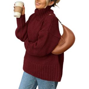 imagePRETTYGARDEN Womens 2025 Fall Oversized Sweaters Turtleneck Casual Long Sleeve Chunky Knit Pullover Tops Winter ClothesDark Wine Red