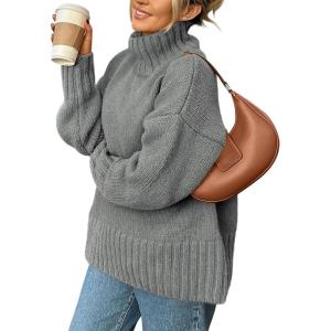 imagePRETTYGARDEN Womens 2025 Fall Oversized Sweaters Turtleneck Casual Long Sleeve Chunky Knit Pullover Tops Winter ClothesGrey