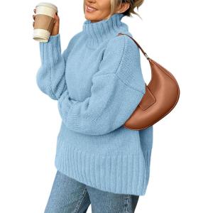 imagePRETTYGARDEN Womens 2025 Fall Oversized Sweaters Turtleneck Casual Long Sleeve Chunky Knit Pullover Tops Winter ClothesLight Blue