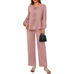 imagePRETTYGARDEN Womens 2025 Two Piece Outfits Tie Front Long Sleeve Top Wide Leg Pant Lounge Sets Cute Matching Loungewear