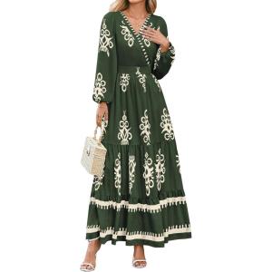 imagePRETTYGARDEN Womens 2026 Fall Wedding Guest Dresses Boho Floral Long Sleeve V Neck Flowy Elegant Maxi Dress Beach ClothesFloral Army Green Apricot
