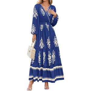 imagePRETTYGARDEN Womens 2026 Fall Wedding Guest Dresses Boho Floral Long Sleeve V Neck Flowy Elegant Maxi Dress Beach ClothesFloral Navy Apricot