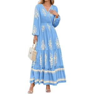 imagePRETTYGARDEN Womens 2026 Fall Wedding Guest Dresses Boho Floral Long Sleeve V Neck Flowy Elegant Maxi Dress Beach ClothesFloral Sky Blue Apricot