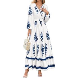 imagePRETTYGARDEN Womens 2026 Fall Wedding Guest Dresses Boho Floral Long Sleeve V Neck Flowy Elegant Maxi Dress Beach ClothesFloral White Blue