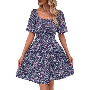 imagePRETTYGARDEN Womens 2026 Floral Summer Short Dress Square Neck Short Sleeve Tiered Ruffle Boho Swing DressesBlue Purple Floral