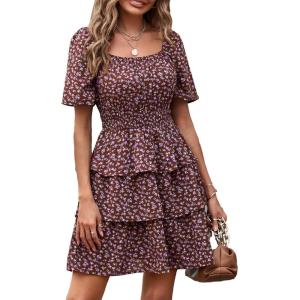 imagePRETTYGARDEN Womens 2026 Floral Summer Short Dress Square Neck Short Sleeve Tiered Ruffle Boho Swing DressesCoffee