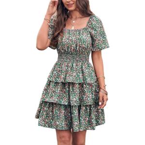 imagePRETTYGARDEN Womens 2026 Floral Summer Short Dress Square Neck Short Sleeve Tiered Ruffle Boho Swing DressesDark Green