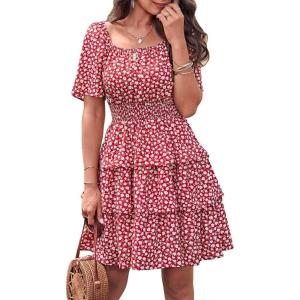 imagePRETTYGARDEN Womens 2026 Floral Summer Short Dress Square Neck Short Sleeve Tiered Ruffle Boho Swing DressesRed