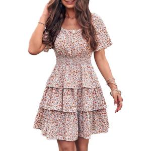 imagePRETTYGARDEN Womens 2026 Floral Summer Short Dress Square Neck Short Sleeve Tiered Ruffle Boho Swing DressesWhite