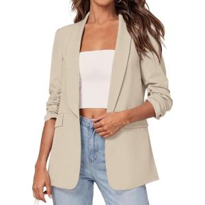imagePRETTYGARDEN Womens 2026 Spring Blazers Business Casual Outfits Open Front Ruched 34 Sleeve Lightweight Work Suits JacketsBeige