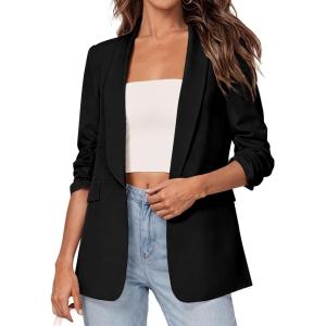 imagePRETTYGARDEN Womens 2026 Spring Blazers Business Casual Outfits Open Front Ruched 34 Sleeve Lightweight Work Suits JacketsBlack
