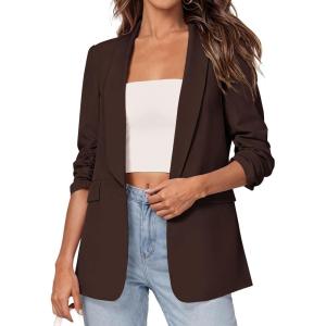 imagePRETTYGARDEN Womens 2026 Spring Blazers Business Casual Outfits Open Front Ruched 34 Sleeve Lightweight Work Suits JacketsBrown