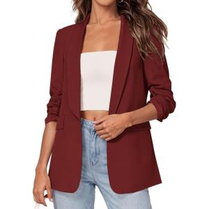 imagePRETTYGARDEN Womens 2026 Spring Blazers Business Casual Outfits Open Front Ruched 34 Sleeve Lightweight Work Suits JacketsBurgundy