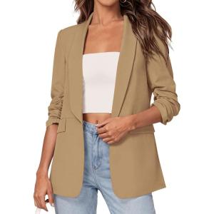 imagePRETTYGARDEN Womens 2026 Spring Blazers Business Casual Outfits Open Front Ruched 34 Sleeve Lightweight Work Suits JacketsKhaki
