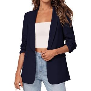 imagePRETTYGARDEN Womens 2026 Spring Blazers Business Casual Outfits Open Front Ruched 34 Sleeve Lightweight Work Suits JacketsNavy Blue