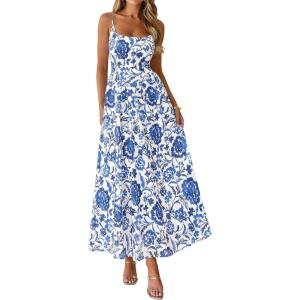 imagePRETTYGARDEN Womens 2026 Spring Boho Maxi Dress Eyelet Floral Long Flowy Sundresses Summer Beach Vacation ClothesFloral White Blue