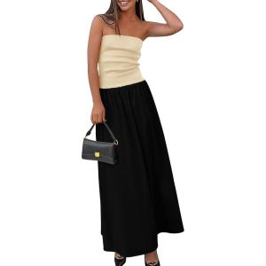 imagePRETTYGARDEN Womens 2026 Spring Strapless Maxi Dresses Patchwork Long Flowy Pockets Elegant Going Out Summer Tube Top DressApricot Black