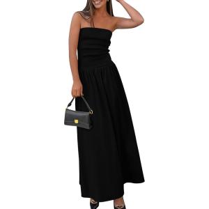 imagePRETTYGARDEN Womens 2026 Spring Strapless Maxi Dresses Patchwork Long Flowy Pockets Elegant Going Out Summer Tube Top DressBlack