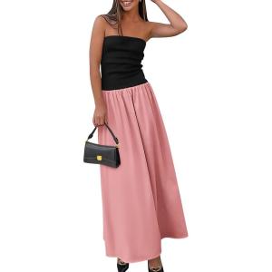 imagePRETTYGARDEN Womens 2026 Spring Strapless Maxi Dresses Patchwork Long Flowy Pockets Elegant Going Out Summer Tube Top DressPink