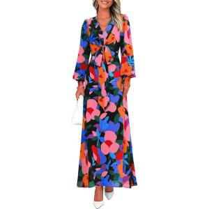 imagePRETTYGARDEN Womens 2026 Spring Wedding Guest Dresses Floral Long Sleeve V Neck Belted Long Flowy Boho Maxi DressFloral Black