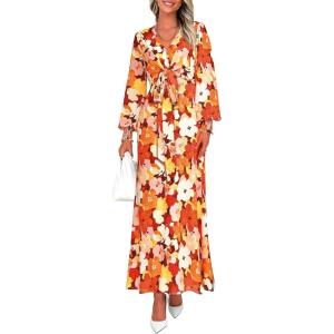 imagePRETTYGARDEN Womens 2026 Spring Wedding Guest Dresses Floral Long Sleeve V Neck Belted Long Flowy Boho Maxi DressFloral Orange