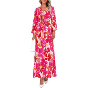 imagePRETTYGARDEN Womens 2026 Spring Wedding Guest Dresses Floral Long Sleeve V Neck Belted Long Flowy Boho Maxi DressFloral White Rose Red