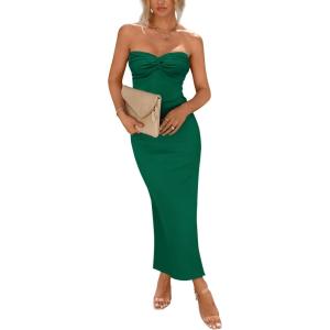 imagePRETTYGARDEN Womens 2026 Summer Bodycon Maxi Dress Strapless Tube Twist Knot Front Ribbed Knit Slit Cocktail Party DressesGreen