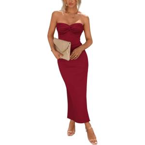imagePRETTYGARDEN Womens 2026 Summer Bodycon Maxi Dress Strapless Tube Twist Knot Front Ribbed Knit Slit Cocktail Party DressesWine Red