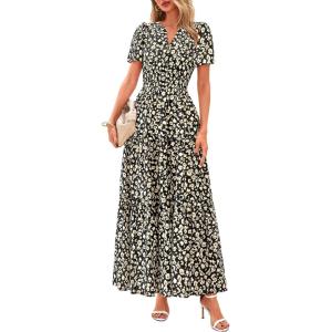 imagePRETTYGARDEN Womens 2026 Summer Boho Maxi Dresses Floral Short Sleeve V Neck A Line Tiered Flowy Long Beach Vacation DressBlack