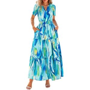 imagePRETTYGARDEN Womens 2026 Summer Boho Maxi Dresses Floral Short Sleeve V Neck A Line Tiered Flowy Long Beach Vacation DressBlue