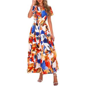 imagePRETTYGARDEN Womens 2026 Summer Boho Maxi Dresses Floral Short Sleeve V Neck A Line Tiered Flowy Long Beach Vacation DressBlue Watercolour