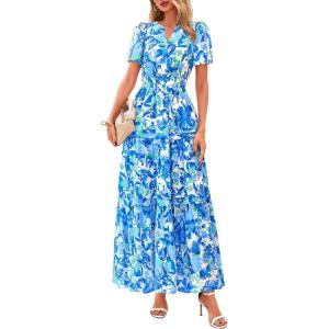 imagePRETTYGARDEN Womens 2026 Summer Boho Maxi Dresses Floral Short Sleeve V Neck A Line Tiered Flowy Long Beach Vacation DressFloral Blue