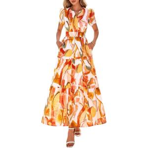 imagePRETTYGARDEN Womens 2026 Summer Boho Maxi Dresses Floral Short Sleeve V Neck A Line Tiered Flowy Long Beach Vacation DressPink Watercolour