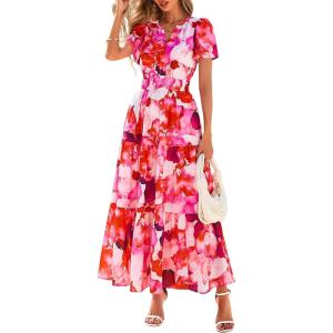 imagePRETTYGARDEN Womens 2026 Summer Boho Maxi Dresses Floral Short Sleeve V Neck A Line Tiered Flowy Long Beach Vacation DressRed