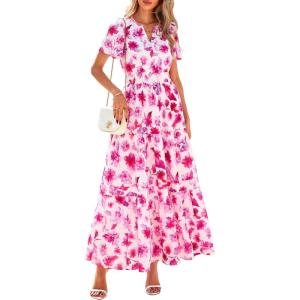 imagePRETTYGARDEN Womens 2026 Summer Boho Maxi Dresses Floral Short Sleeve V Neck A Line Tiered Flowy Long Beach Vacation DressWhite Pink Floral