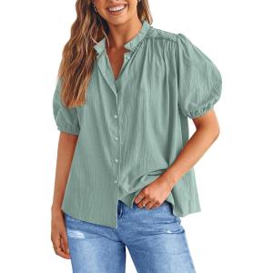 imagePRETTYGARDEN Womens 2026 Summer Button Down Shirts Short Lantern Sleeve V Neck Cotton Cute Tops Dressy Casual BlousesAqua Blue