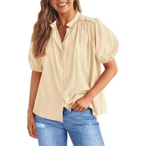 imagePRETTYGARDEN Womens 2026 Summer Button Down Shirts Short Lantern Sleeve V Neck Cotton Cute Tops Dressy Casual BlousesBeige