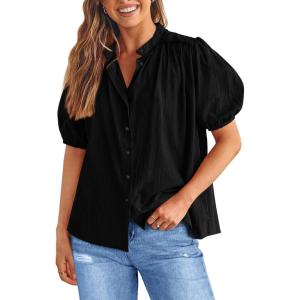 imagePRETTYGARDEN Womens 2026 Summer Button Down Shirts Short Lantern Sleeve V Neck Cotton Cute Tops Dressy Casual BlousesBlack