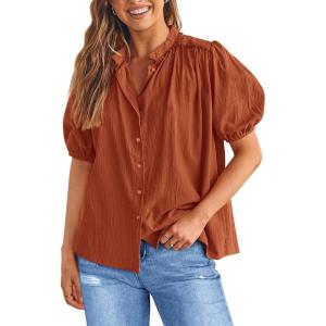 imagePRETTYGARDEN Womens 2026 Summer Button Down Shirts Short Lantern Sleeve V Neck Cotton Cute Tops Dressy Casual BlousesBrick Red