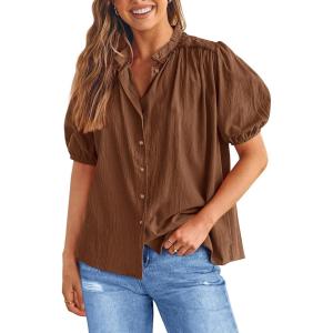 imagePRETTYGARDEN Womens 2026 Summer Button Down Shirts Short Lantern Sleeve V Neck Cotton Cute Tops Dressy Casual BlousesBrown