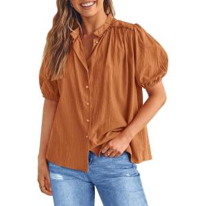 imagePRETTYGARDEN Womens 2026 Summer Button Down Shirts Short Lantern Sleeve V Neck Cotton Cute Tops Dressy Casual BlousesBrown Yellow