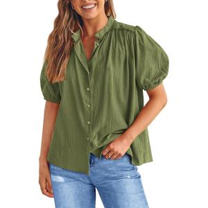 imagePRETTYGARDEN Womens 2026 Summer Button Down Shirts Short Lantern Sleeve V Neck Cotton Cute Tops Dressy Casual BlousesLight Army Green