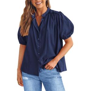 imagePRETTYGARDEN Womens 2026 Summer Button Down Shirts Short Lantern Sleeve V Neck Cotton Cute Tops Dressy Casual BlousesNavy