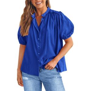 imagePRETTYGARDEN Womens 2026 Summer Button Down Shirts Short Lantern Sleeve V Neck Cotton Cute Tops Dressy Casual BlousesRoyal Blue